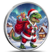 1 oz Silver Colorized Christmas T-Rex Santa Round New | Scottsdale