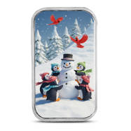1 oz Silver Colorized Snowman and Penguins Bar New, Ornament Capsule