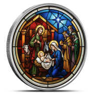 1 oz Silver Colorized Stained Glass Nativity Round New, Ornament Capsule