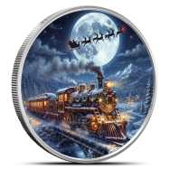 1 oz Silver Colorized Christmas Night Train Round New, Ornament Capsule